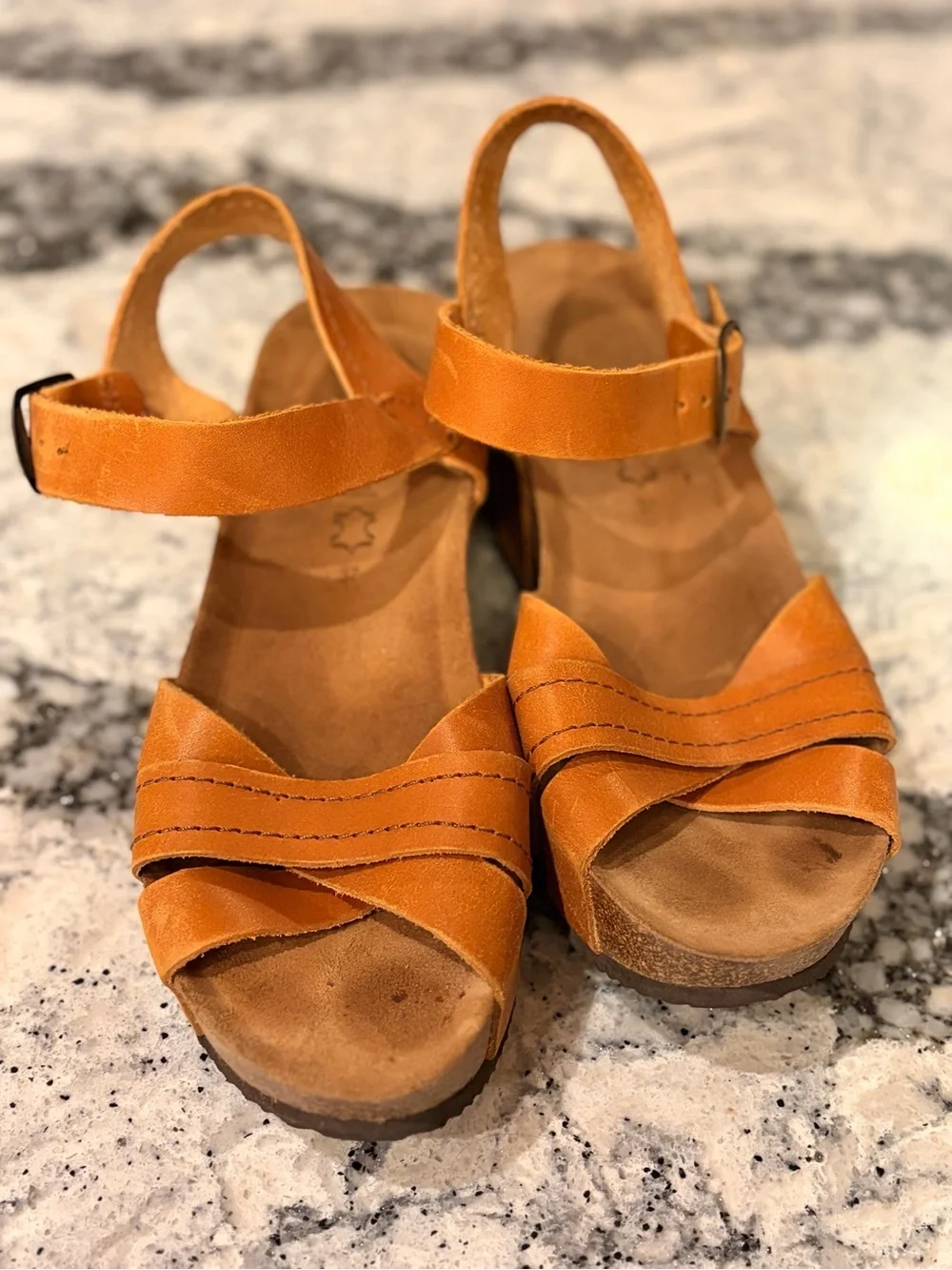 Women’s Leather Cognac Wedge Sandals with Ankle Strap, Uma, Sz 37